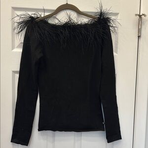 Ferre Jeans Black Marabou Trim Long Sleeve Top